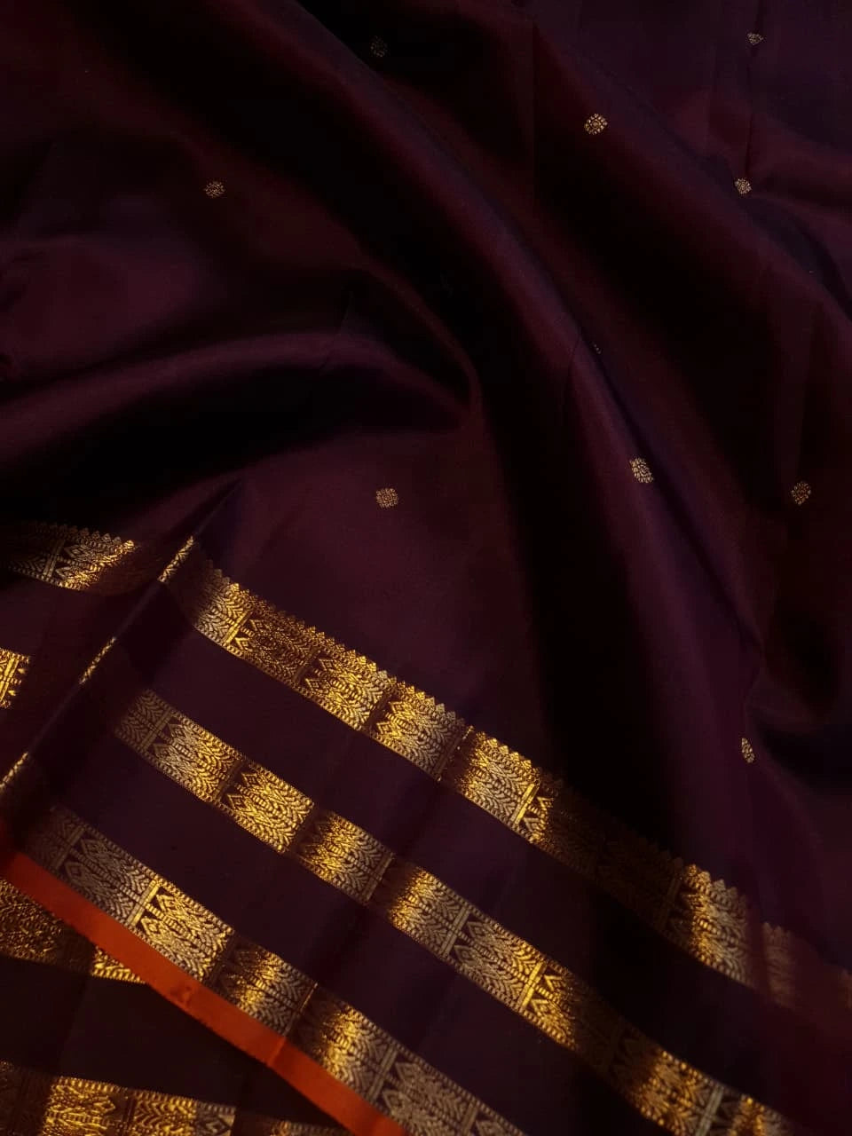 3G Pure Zari Kanjivaram Silk Saree in Deep Wine Purple with Gold Zari Buttas and Traditional Triple Zari Border | Silkmark Certified