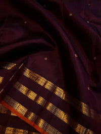 3G Pure Zari Kanjivaram Silk Saree in Deep Wine Purple with Gold Zari Buttas and Traditional Triple Zari Border | Silkmark Certified