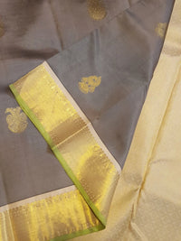 2G Pure Kanjivaram Silk Saree in Grey with Gold Zari Buttas & Green Border | Silkmark Certified