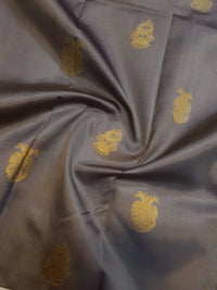 2G Pure Kanjivaram Silk Saree in Grey with Gold Zari Buttas & Green Border | Silkmark Certified