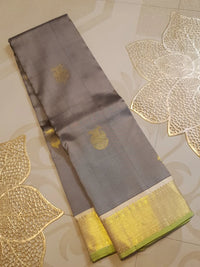 2G Pure Kanjivaram Silk Saree in Grey with Gold Zari Buttas & Green Border | Silkmark Certified