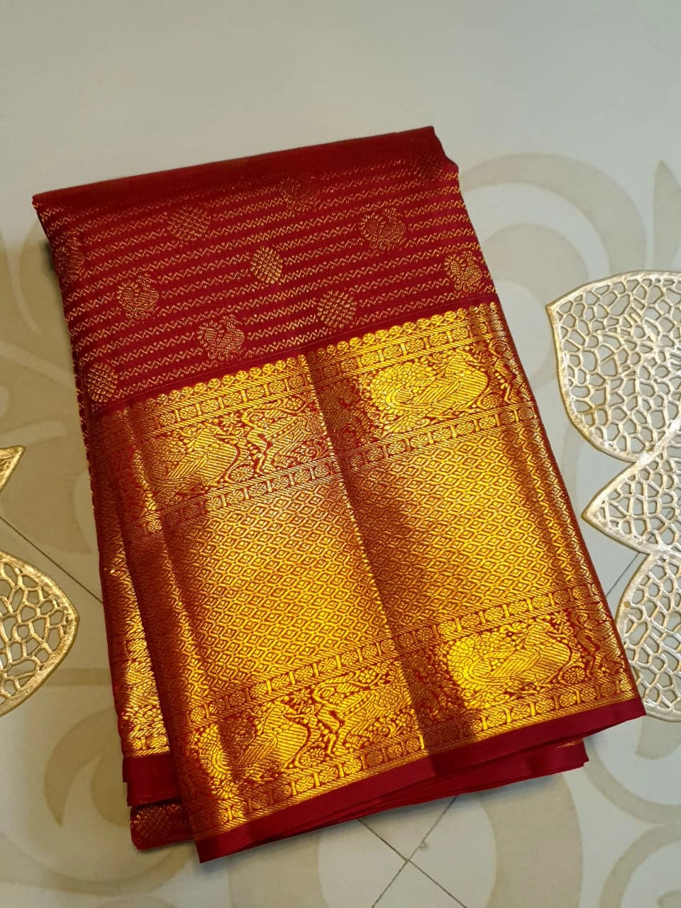 2G Pure Kanjivaram Silk Saree in Maroon Red with Rich Gold Zari Peacock Border and Traditional Buttas | Silkmark Certified