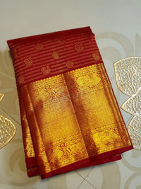 2G Pure Kanjivaram Silk Saree in Maroon Red with Rich Gold Zari Peacock Border and Traditional Buttas | Silkmark Certified