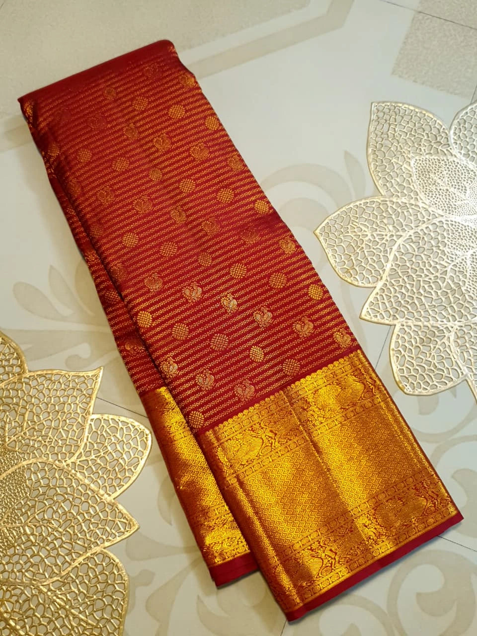 2G Pure Kanjivaram Silk Saree in Maroon Red with Rich Gold Zari Peacock Border and Traditional Buttas | Silkmark Certified