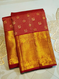 2G Pure Kanjivaram Silk Saree in Maroon Red with Rich Gold Zari Peacock Border and Traditional Buttas | Silkmark Certified