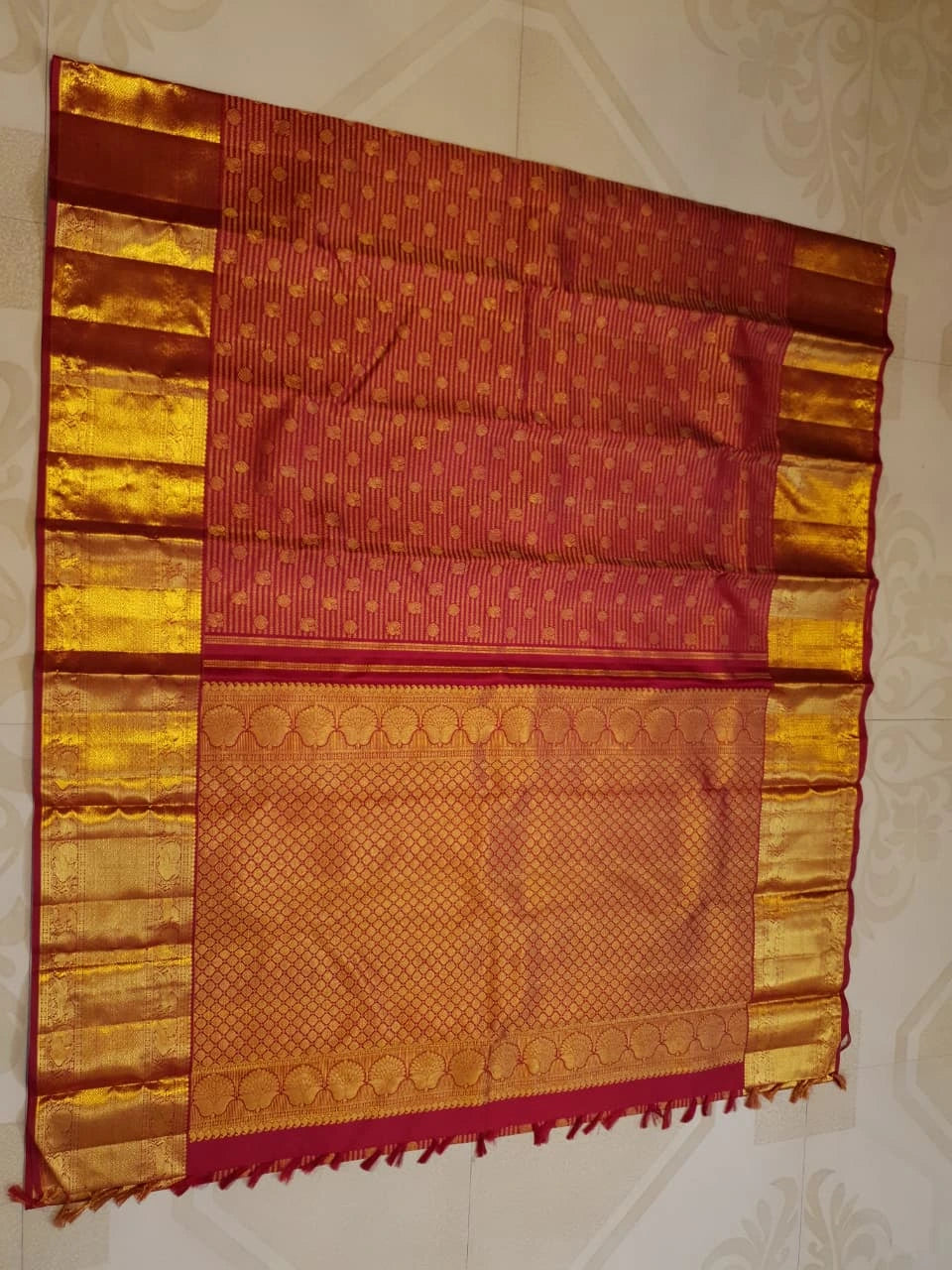 2G Pure Kanjivaram Silk Saree in Maroon Red with Rich Gold Zari Peacock Border and Traditional Buttas | Silkmark Certified