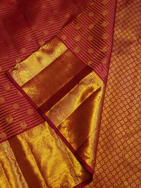 2G Pure Kanjivaram Silk Saree in Maroon Red with Rich Gold Zari Peacock Border and Traditional Buttas | Silkmark Certified
