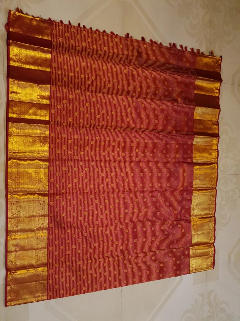 2G Pure Kanjivaram Silk Saree in Maroon Red with Rich Gold Zari Peacock Border and Traditional Buttas | Silkmark Certified
