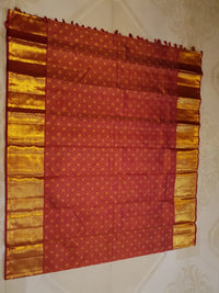 2G Pure Kanjivaram Silk Saree in Maroon Red with Rich Gold Zari Peacock Border and Traditional Buttas | Silkmark Certified