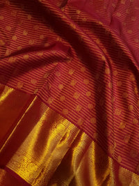 2G Pure Kanjivaram Silk Saree in Maroon Red with Rich Gold Zari Peacock Border and Traditional Buttas | Silkmark Certified