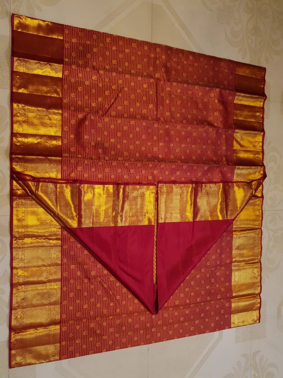 2G Pure Kanjivaram Silk Saree in Maroon Red with Rich Gold Zari Peacock Border and Traditional Buttas | Silkmark Certified