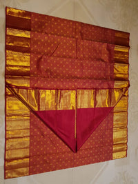 2G Pure Kanjivaram Silk Saree in Maroon Red with Rich Gold Zari Peacock Border and Traditional Buttas | Silkmark Certified