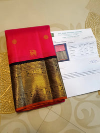 3G Pure Zari Kanjivaram Silk Saree in Bright Pink with Traditional Gold Zari Buttas and Rich Black Zari Elephant Border | Silkmark Certified