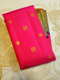 3G Pure Zari Kanjivaram Silk Saree in Bright Pink with Traditional Gold Zari Buttas and Rich Black Zari Elephant Border | Silkmark Certified
