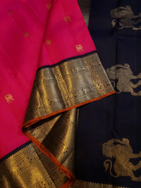 3G Pure Zari Kanjivaram Silk Saree in Bright Pink with Traditional Gold Zari Buttas and Rich Black Zari Elephant Border | Silkmark Certified