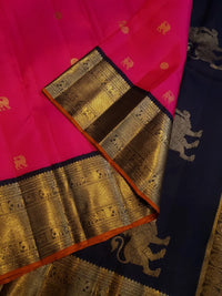 3G Pure Zari Kanjivaram Silk Saree in Bright Pink with Traditional Gold Zari Buttas and Rich Black Zari Elephant Border | Silkmark Certified