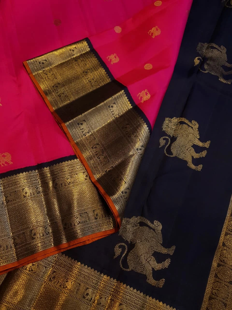 3G Pure Zari Kanjivaram Silk Saree in Bright Pink with Traditional Gold Zari Buttas and Rich Black Zari Elephant Border | Silkmark Certified