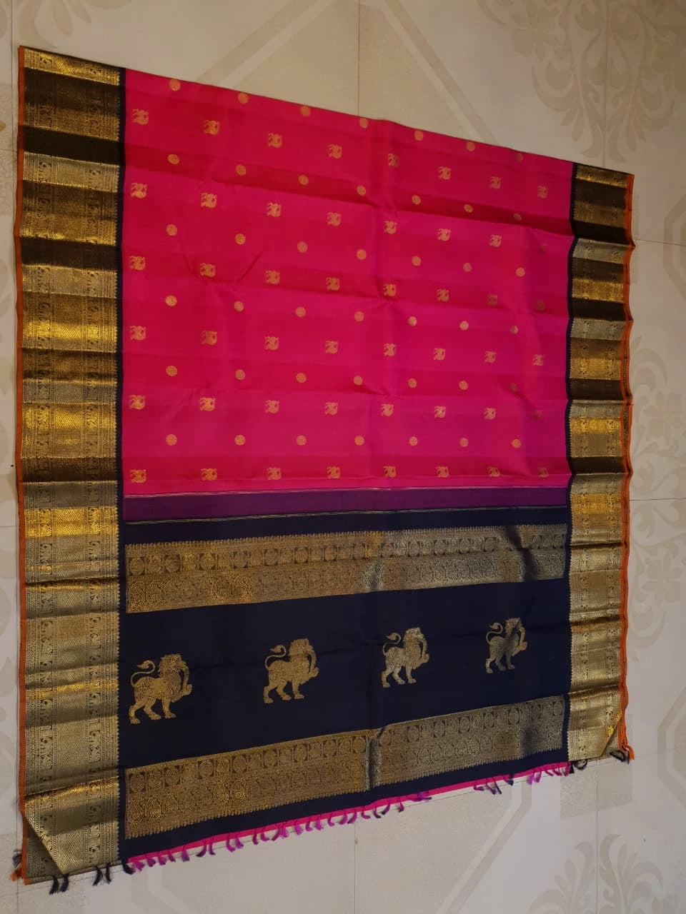3G Pure Zari Kanjivaram Silk Saree in Bright Pink with Traditional Gold Zari Buttas and Rich Black Zari Elephant Border | Silkmark Certified