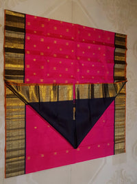 3G Pure Zari Kanjivaram Silk Saree in Bright Pink with Traditional Gold Zari Buttas and Rich Black Zari Elephant Border | Silkmark Certified