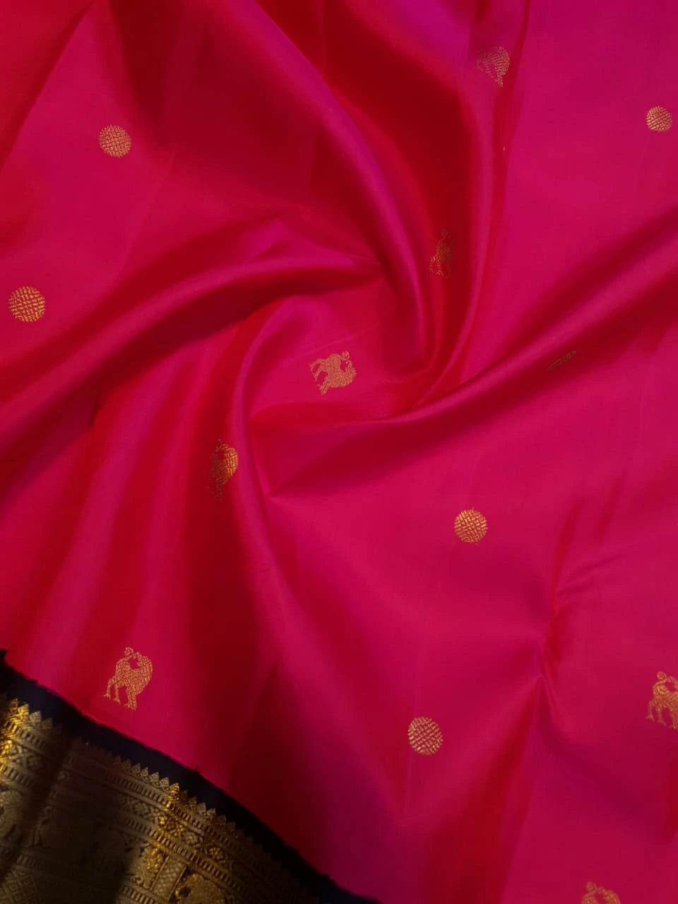 3G Pure Zari Kanjivaram Silk Saree in Bright Pink with Traditional Gold Zari Buttas and Rich Black Zari Elephant Border | Silkmark Certified