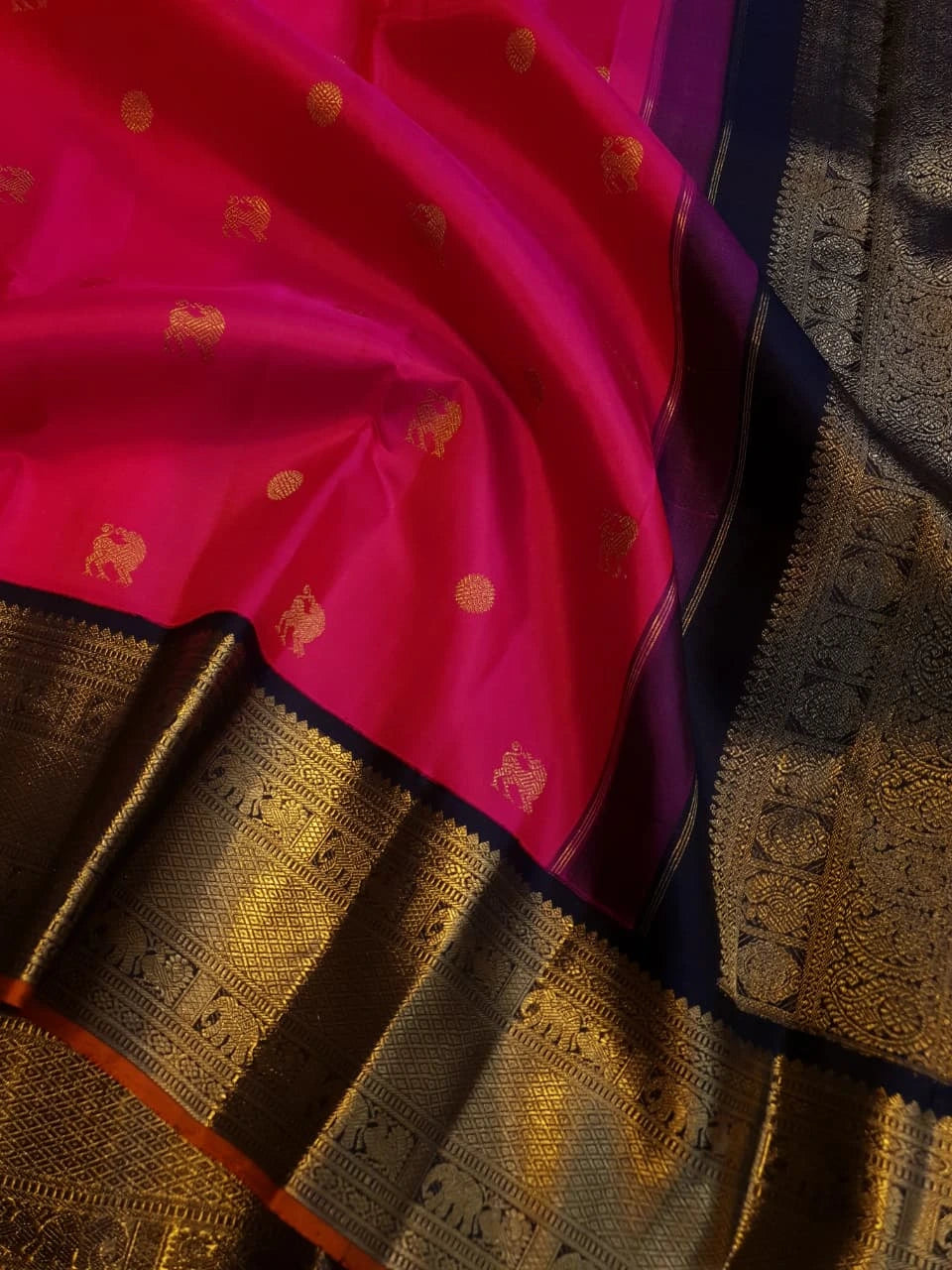 3G Pure Zari Kanjivaram Silk Saree in Bright Pink with Traditional Gold Zari Buttas and Rich Black Zari Elephant Border | Silkmark Certified