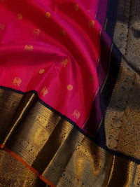 3G Pure Zari Kanjivaram Silk Saree in Bright Pink with Traditional Gold Zari Buttas and Rich Black Zari Elephant Border | Silkmark Certified