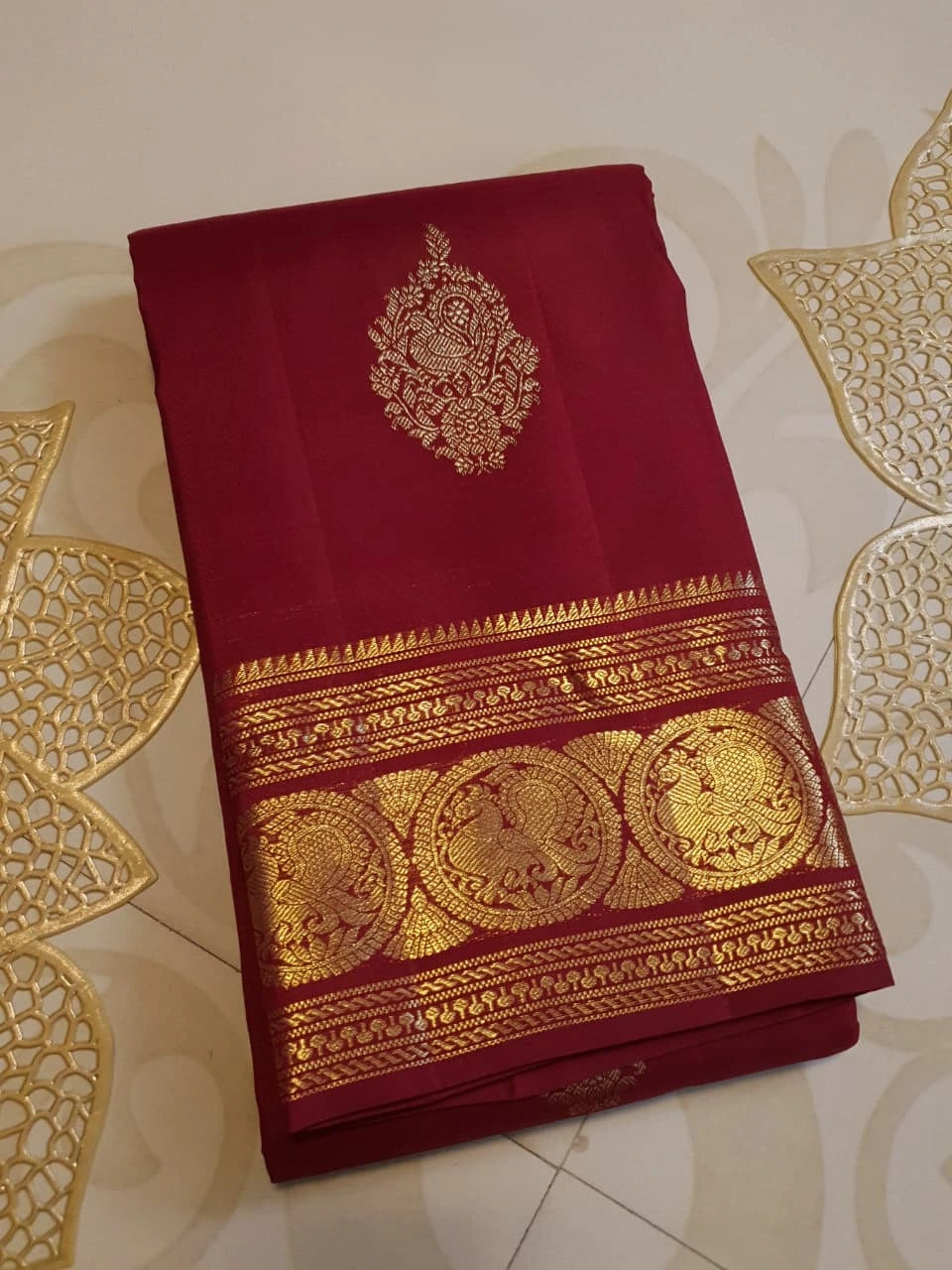 2G Pure Kanjivaram Silk Saree in Deep Maroon with Rich Gold Zari Peacock Butta and Traditional Coin Border | Silkmark Certified