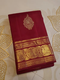 2G Pure Kanjivaram Silk Saree in Deep Maroon with Rich Gold Zari Peacock Butta and Traditional Coin Border | Silkmark Certified