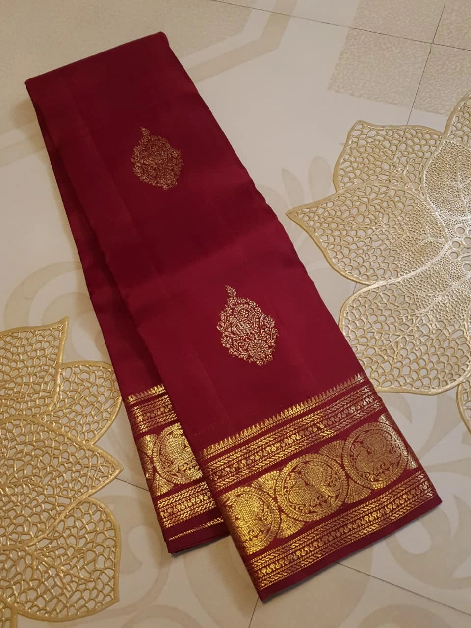 2G Pure Kanjivaram Silk Saree in Deep Maroon with Rich Gold Zari Peacock Butta and Traditional Coin Border | Silkmark Certified