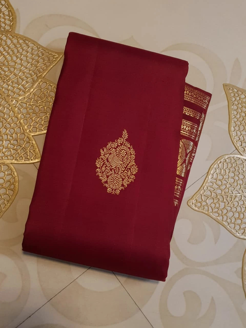 2G Pure Kanjivaram Silk Saree in Deep Maroon with Rich Gold Zari Peacock Butta and Traditional Coin Border | Silkmark Certified