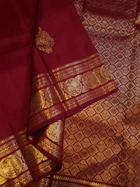 2G Pure Kanjivaram Silk Saree in Deep Maroon with Rich Gold Zari Peacock Butta and Traditional Coin Border | Silkmark Certified
