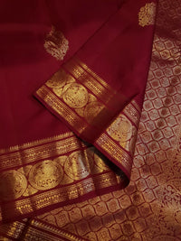 2G Pure Kanjivaram Silk Saree in Deep Maroon with Rich Gold Zari Peacock Butta and Traditional Coin Border | Silkmark Certified
