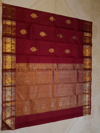 2G Pure Kanjivaram Silk Saree in Deep Maroon with Rich Gold Zari Peacock Butta and Traditional Coin Border | Silkmark Certified