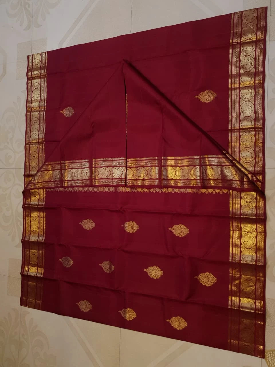 2G Pure Kanjivaram Silk Saree in Deep Maroon with Rich Gold Zari Peacock Butta and Traditional Coin Border | Silkmark Certified