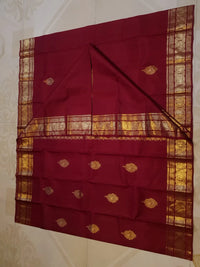 2G Pure Kanjivaram Silk Saree in Deep Maroon with Rich Gold Zari Peacock Butta and Traditional Coin Border | Silkmark Certified