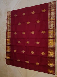 2G Pure Kanjivaram Silk Saree in Deep Maroon with Rich Gold Zari Peacock Butta and Traditional Coin Border | Silkmark Certified