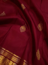 2G Pure Kanjivaram Silk Saree in Deep Maroon with Rich Gold Zari Peacock Butta and Traditional Coin Border | Silkmark Certified