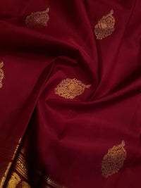 2G Pure Kanjivaram Silk Saree in Deep Maroon with Rich Gold Zari Peacock Butta and Traditional Coin Border | Silkmark Certified