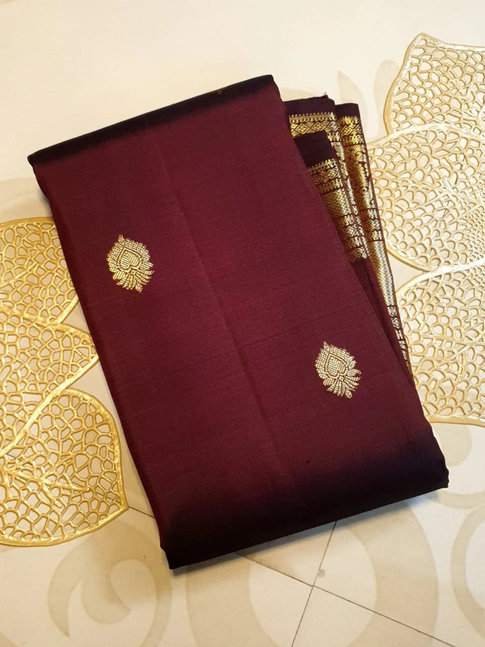 2G Pure  Kanjivaram Silk Saree in Rich Brown with Gold Zari Floral Buttas and Traditional Broad Border | Silkmark Certified