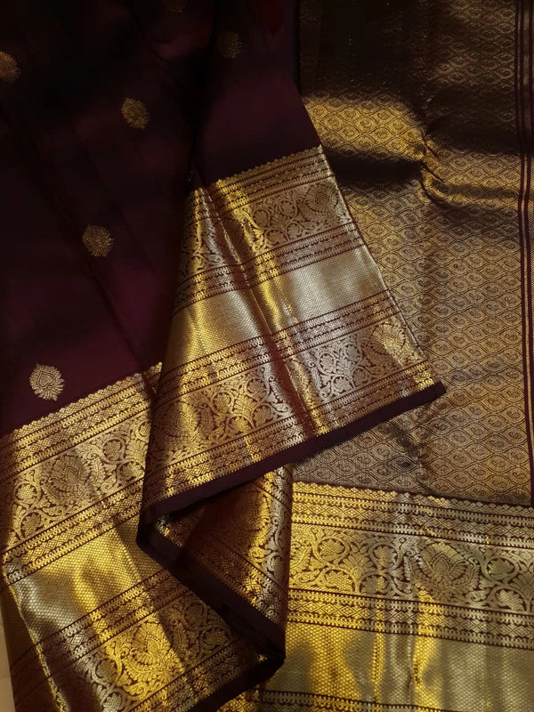 2G Pure  Kanjivaram Silk Saree in Rich Brown with Gold Zari Floral Buttas and Traditional Broad Border | Silkmark Certified