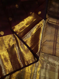 2G Pure  Kanjivaram Silk Saree in Rich Brown with Gold Zari Floral Buttas and Traditional Broad Border | Silkmark Certified
