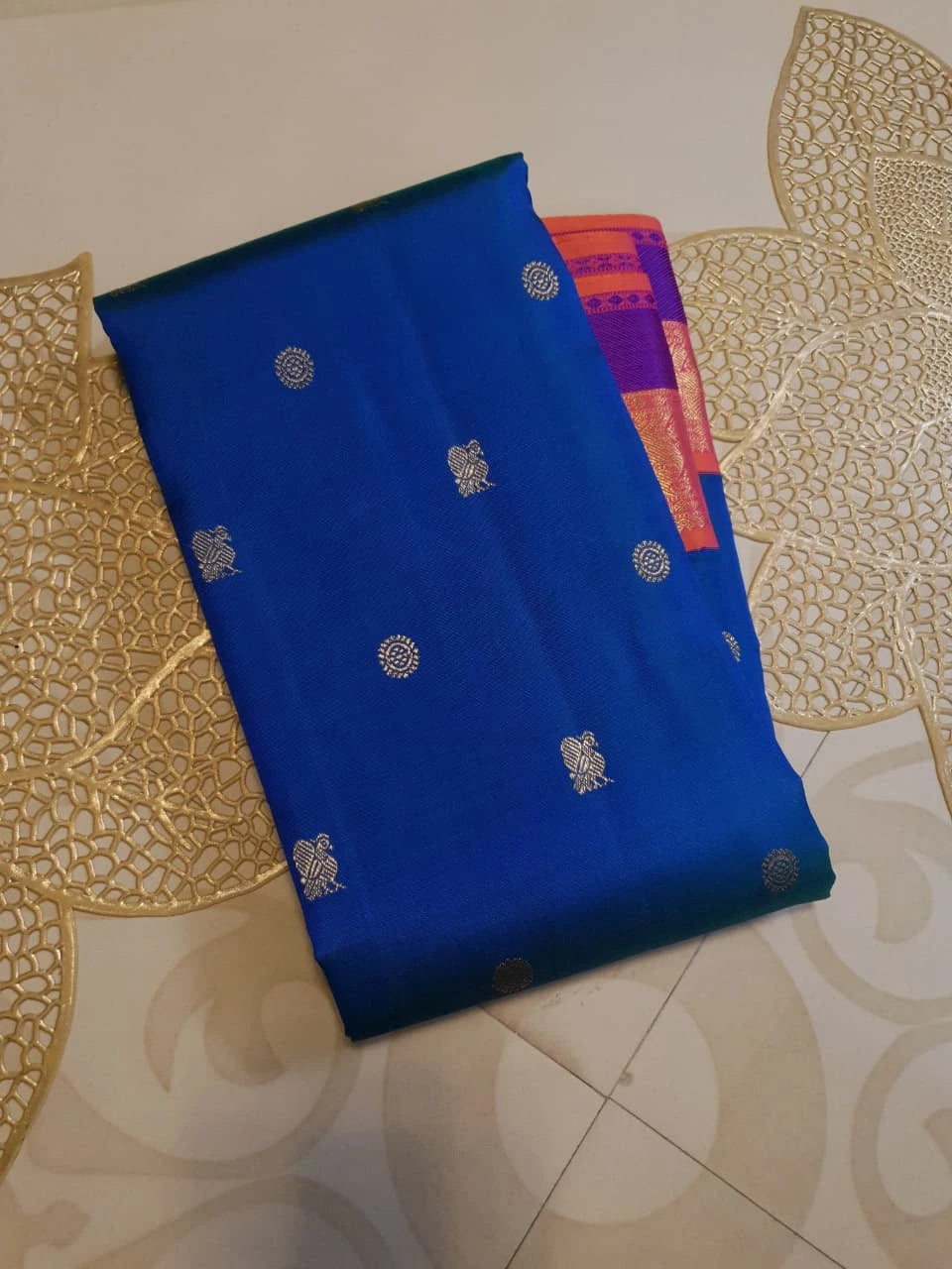 3G Pure Zari Kanjivaram Silk Saree in Royal Blue with Peach and Orange Contrast Border | Silkmark Certified