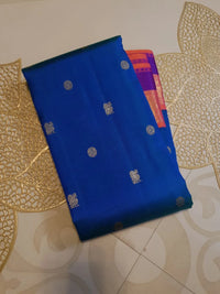 3G Pure Zari Kanjivaram Silk Saree in Royal Blue with Peach and Orange Contrast Border | Silkmark Certified