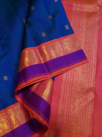 3G Pure Zari Kanjivaram Silk Saree in Royal Blue with Peach and Orange Contrast Border | Silkmark Certified