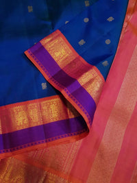 3G Pure Zari Kanjivaram Silk Saree in Royal Blue with Peach and Orange Contrast Border | Silkmark Certified