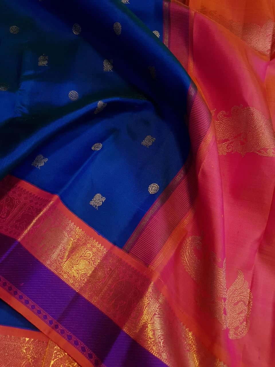 3G Pure Zari Kanjivaram Silk Saree in Royal Blue with Peach and Orange Contrast Border | Silkmark Certified