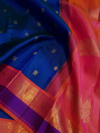 3G Pure Zari Kanjivaram Silk Saree in Royal Blue with Peach and Orange Contrast Border | Silkmark Certified