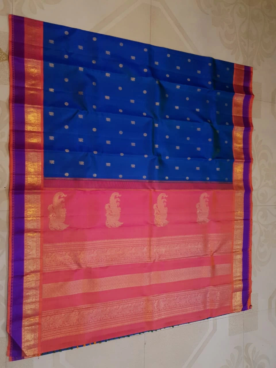 3G Pure Zari Kanjivaram Silk Saree in Royal Blue with Peach and Orange Contrast Border | Silkmark Certified