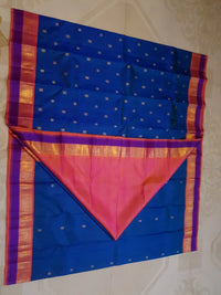 3G Pure Zari Kanjivaram Silk Saree in Royal Blue with Peach and Orange Contrast Border | Silkmark Certified