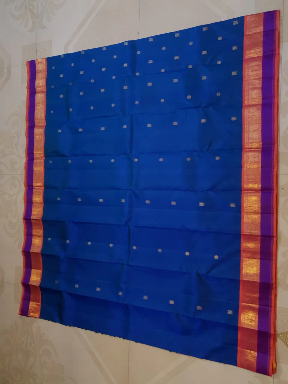 3G Pure Zari Kanjivaram Silk Saree in Royal Blue with Peach and Orange Contrast Border | Silkmark Certified